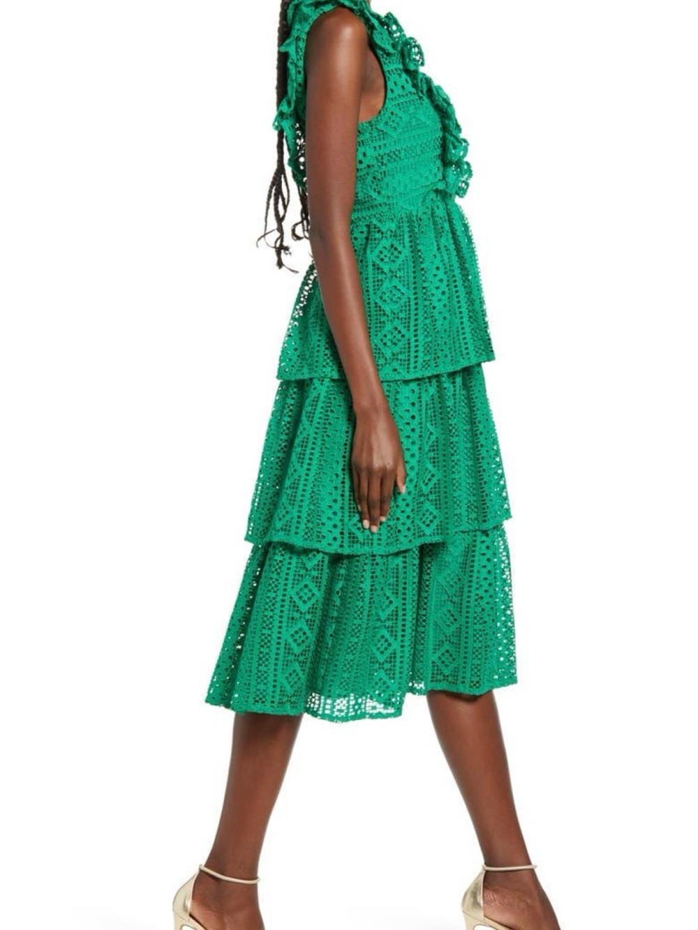 Endless Rose Emerald Green Tiered Eyelet Midi Dress